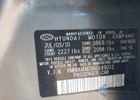 2010 Hyundai Elantra Gls z USA, uszkodzony, nr VIN KMHDU4AD9AU149012